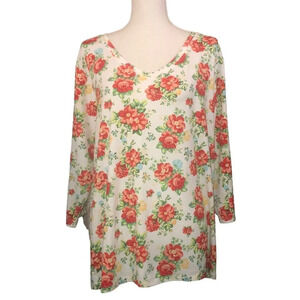 THE PIONEER WOMAN Sz XXL Women's Floral White Red Green Stretch 3/4 Sleeve Top